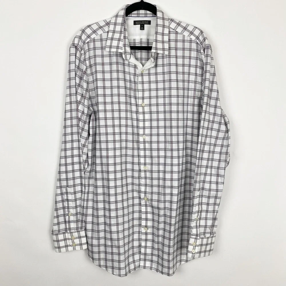 Banana Republic Non-Iron Tailored Slim Fit Plaid Button Down Shirt Mens XLT Tall